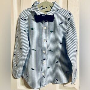 Old Navy Blue Striped Dino Dress Button Up Shirt Long Sleeve & Tie 3T Boys NWOT
